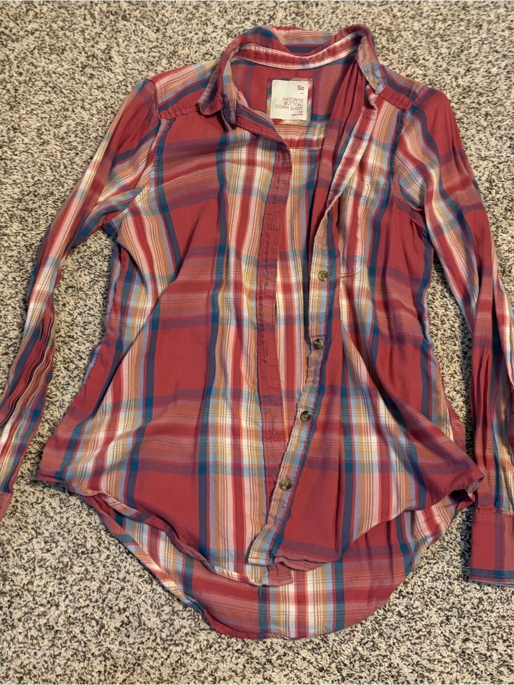 SO pink Plaid Button-Down Shirt with Blue and Cream Stripes